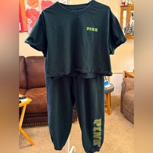 PINK by VS Crop Top & Sweatpants Set Women’s Size L Forest Green